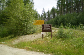 Kettle Valley Railway Myra Canyon, sign at first parking area before Ruth Station, 2010-08.